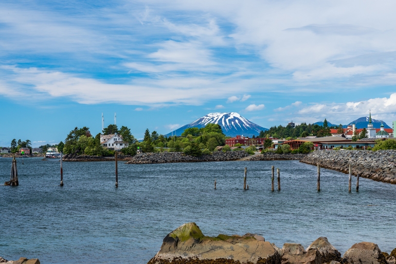 Extinct volcano of Mount Edgecumbe rises above the harbor town of Sitka in Alaska; Shutterstock ID 2181010155; purchase_order: aljazeera ; job: ; client: ; other: