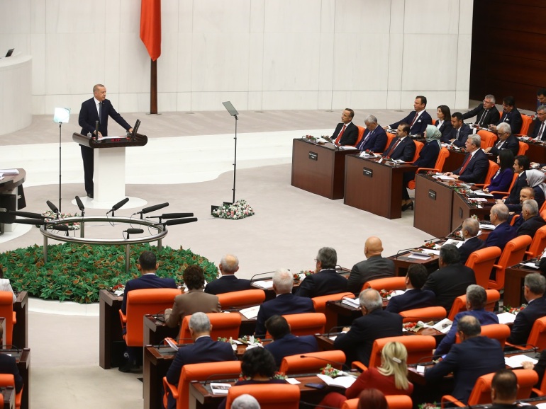 New legislative year of Turkish Parliament- - ANKARA, TURKEY - OCTOBER 1: Turkish President Recep Tayyip Erdogan (Far L) delivers a speech during the opening of third legislative session of the Turkish parliament’s 27th term on October 1, 2019 at the Grand National Assembly of Turkey (TBMM) in Ankara, Turkey.