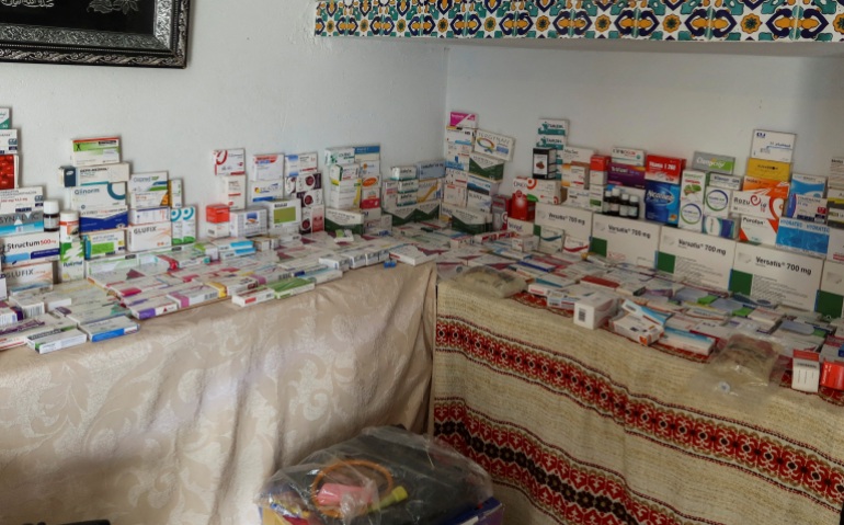 A view shows boxes of medicine at retired soldier Nabil Boukhili's unofficial medicine exchange room at the roof of his house, in Tunis