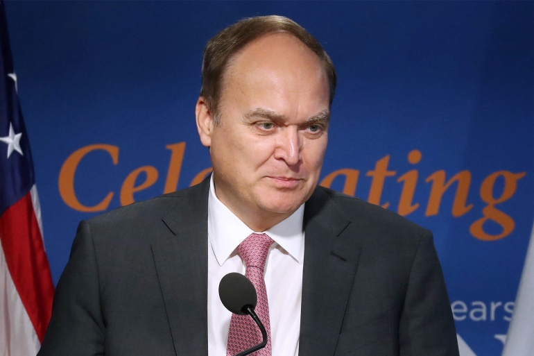 WASHINGTON, DC - NOVEMBER 18: Russian Ambassador to the United States Anatoly Antonov speaks during a discussion about the legacy of Anatoly Dobrynin at the Woodrow Wilson Institute on November 18, 2019 in Washington, DC. Dobrynin was the Soviet Ambassador to the United States during the terms of six U.S. presidents, from 1962 to 1986. Mark Wilson/Getty Images/AFP (Photo by MARK WILSON / GETTY IMAGES NORTH AMERICA / Getty Images via AFP)