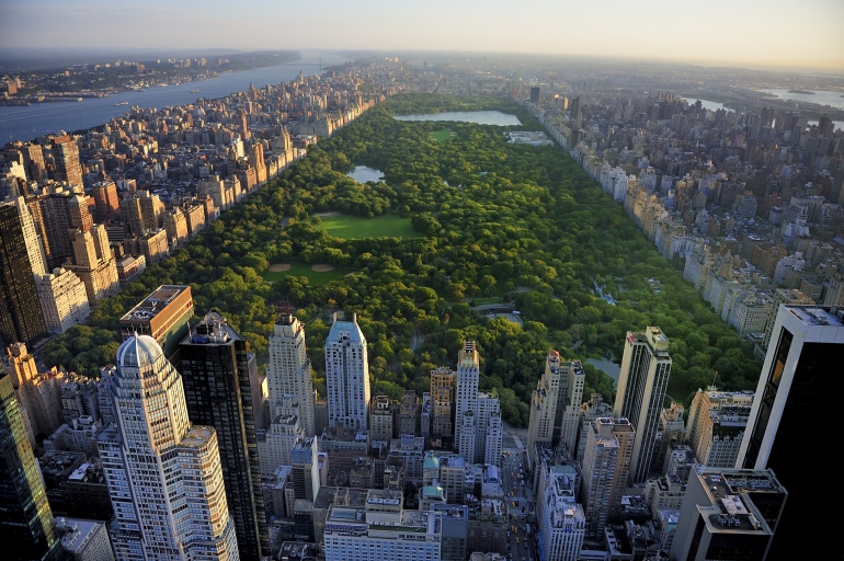 Central Park aerial view, Manhattan, New York; Park is surrounded by skyscrapers