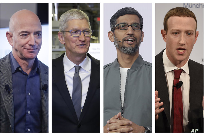 This combination of 2019-2020 photos shows Amazon CEO Jeff Bezos, Apple CEO Tim Cook, Google CEO Sundar Pichai and Facebook CEO…