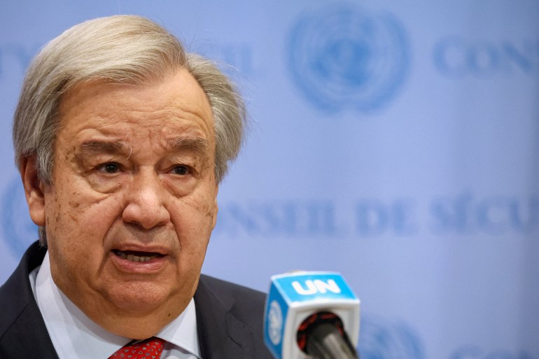 FILE PHOTO: U.N. Secretary-General Antonio Guterres speaks about the Black Sea grain corridor outside U.N. Security Council at U.N. headquarters in New York City, U.S., July 17, 2023. REUTERS/Brendan McDermid/File Photo