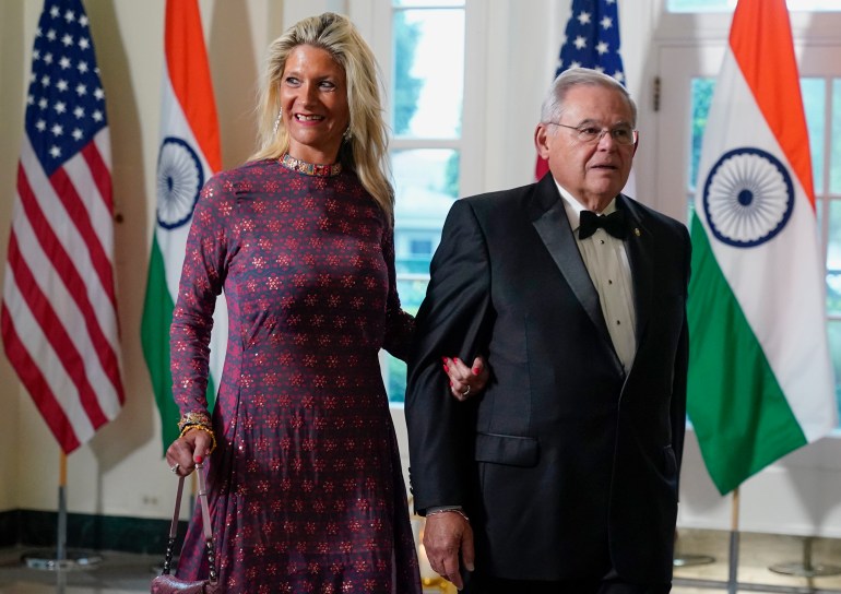 FILE - Sen. Bob Menendez, D-N.J., and his wife Nadine Menendez arrive for the State Dinner with President Joe Biden and India's Prime Minister Narendra Modi at the White House, June 22, 2023, in Washington. Sen. Bob Menendez and his wife were indicted Friday, Sept. 22, on bribery charges. (AP Photo/Jacquelyn Martin, File)