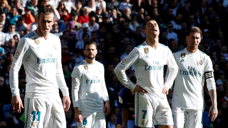 Soccer Football - La Liga Santander - Real Madrid vs FC Barcelona - Santiago Bernabeu, Madrid, Spain - December 23, 2017 Real Madrid’s Gareth Bale, Cristiano Ronaldo and Sergio Ramos react REUTERS/Paul Hanna TPX IMAGES OF THE DAY