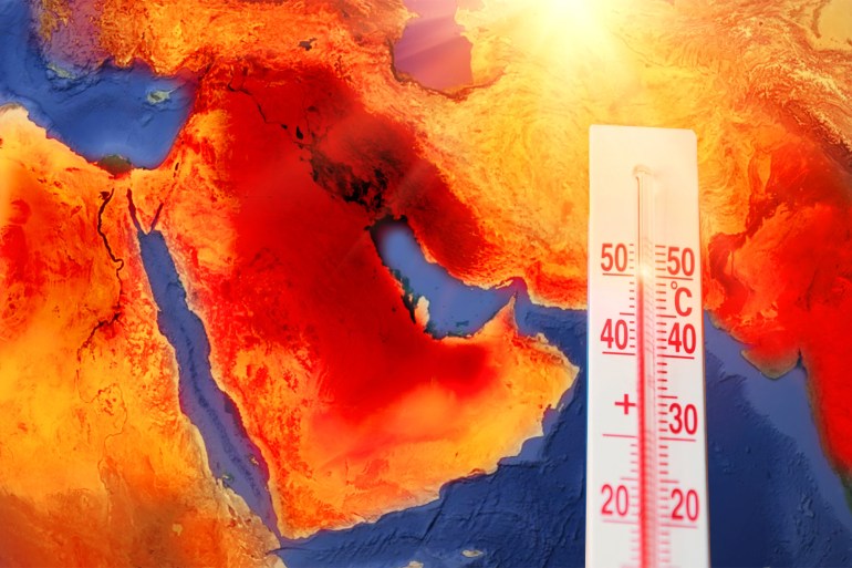 Thermometer with a record high temperature of fifty degrees Celsius, against the backdrop of the Arabian Peninsula, Persian Gulf. Hot weather concept. Elements of this image furnished by NASA شترستوك