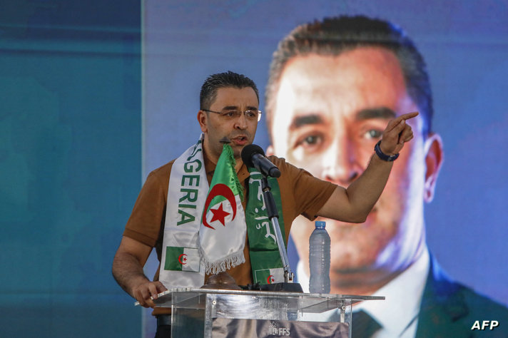 Algerian presidential candidate Youssef Aouchiche of the centre-left Socialist Forces Front holds a campaign meeting in the…