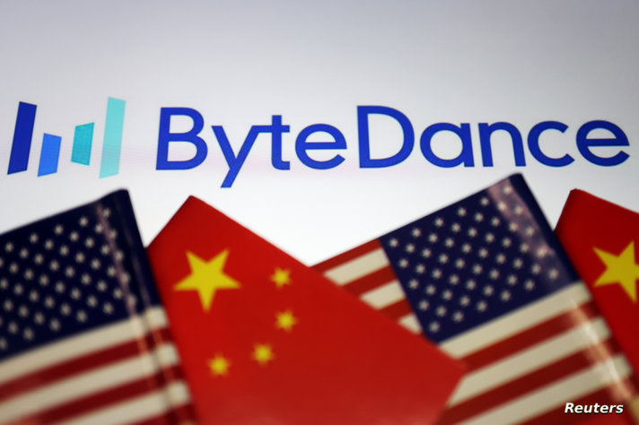 Flags of China and U.S. are seen near a Bytedance logo in this illustration picture taken September 18, 2020. REUTERS/Florence…