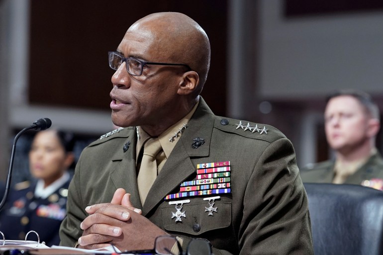 Gen. Michael Langley, USMC, Commander, U.S. Africa Command, testifies during a Senate committee hearing on Senate Armed Services hearing to examine the posture of United States Central Command and United States Africa Command in review of the Defense Authorization Request for Fiscal Year 2024 and the Future Years, Thursday, March 16, 2023, on Capitol Hill in Washington. (AP Photo/Mariam Zuhaib)