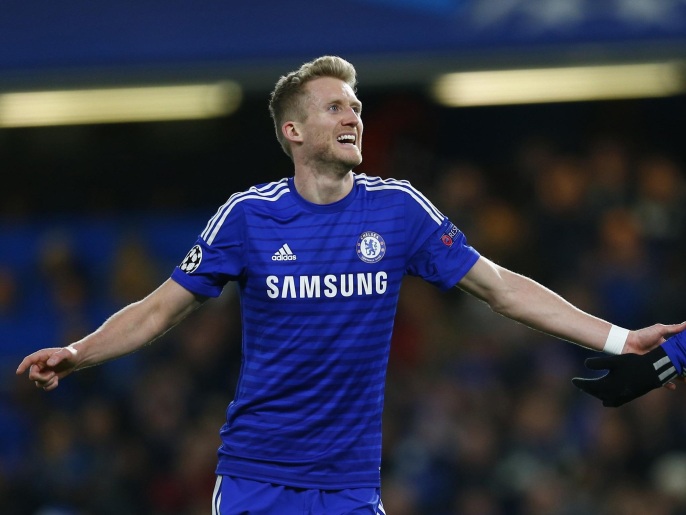 Chelsea's Andre Schurrle celebrates after scoring a goal against Sporting during their Champions League soccer match at Stamford Bridge in London December 10, 2014. REUTERS/Eddie Keogh (BRITAIN - Tags: SPORT SOCCER)