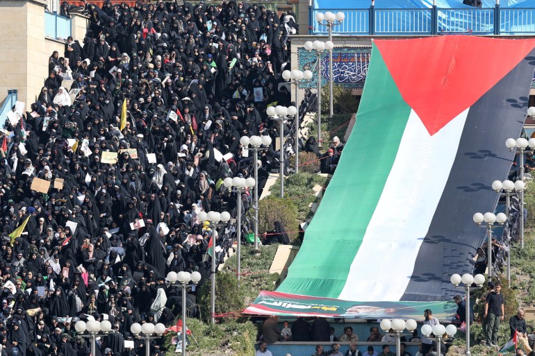 A Palestinian flag is seen during the Friday Prayers and a commemoration ceremony of late Lebanon's Hezbollah leader, Sayyed Hassan Nasrallah, in Tehran, Iran, October 4, 2024. Office of the Iranian Supreme Leader/WANA (West Asia News Agency)/Handout via REUTERS ATTENTION EDITORS - THIS PICTURE WAS PROVIDED BY A THIRD PARTY.