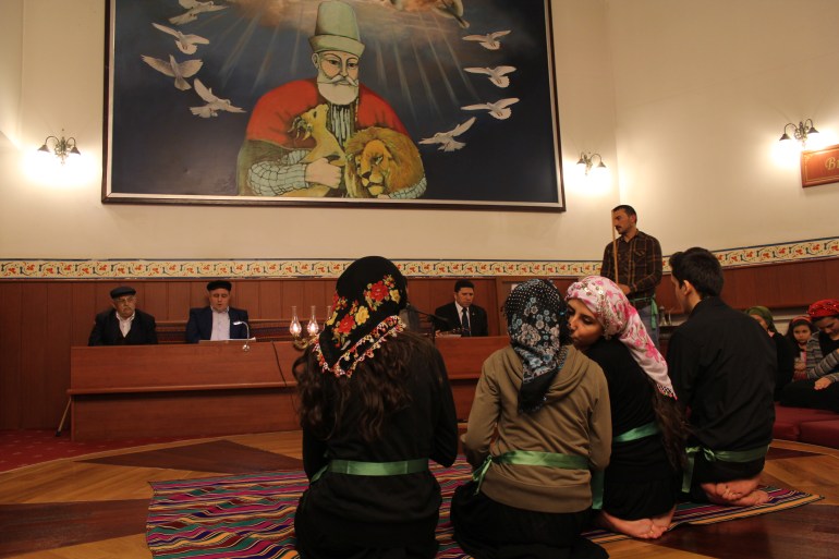 A cemevi or cem evi is a place of fundamental importance for Turkey's Alevi-Bektashi tariqa populations and traditions. Alevi people pray here. This photo was captured in Okmeydani Cemevi, 2015.