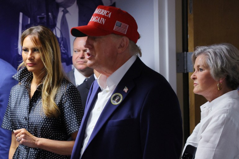 Senior advisor Susie Wiles listens as Republican presidential nominee former U.S. President Donald Trump, accompanied by his wife Melania, thanks campaign workers at his campaign headquarters on Election Day, in West Palm Beach, Florida, U.S., November 5, 2024. REUTERS/Brian Snyder