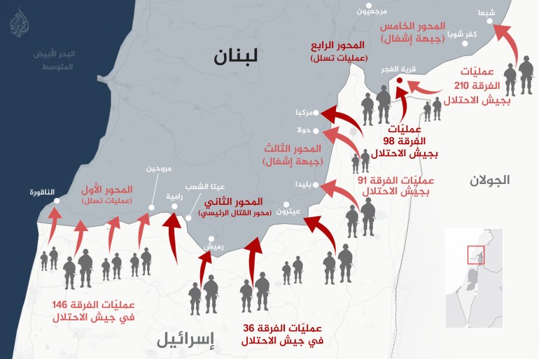 مواقع القتال بين حزب الله وإسرائيل في جنوب لبنان