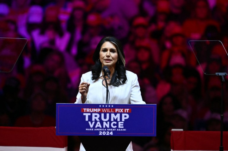 Former US Representative Tulsi Gabbard speaks during a campaign rally for former US President and Republican presidential candidate Donald Trump at Madison Square Garden in New York on October 27, 2024. (Photo by ANGELA WEISS / AFP)