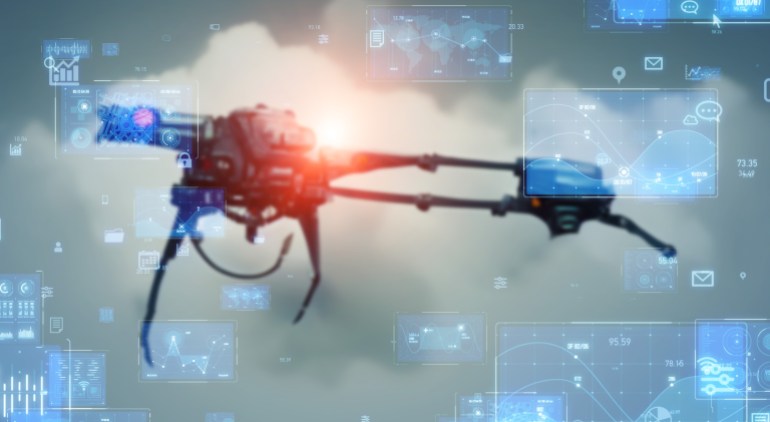 drone weapon. military technology. Wide angle visual for banners or advertisements.