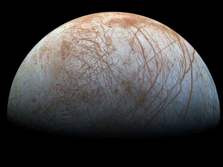 A view of Jupiter's moon Europa created from images taken by NASA's Galileo spacecraft in the late 1990's, according to NASA, obtained by Reuters May 14, 2018. NASA/JPL-Caltech/SETI Institute/ Handout via REUTERS ATTENTION EDITORS - THIS IMAGE WAS PROVIDED BY A THIRD PARTY TPX IMAGES OF THE DAY