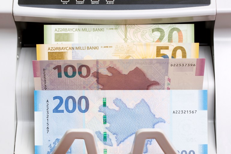 Azerbaijani money - manat in the counting machine