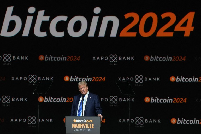 Republican presidential nominee and former U.S. President Donald Trump speaks at the Bitcoin 2024 event in Nashville, Tennessee, U.S., July 27, 2024. REUTERS/Kevin Wurm