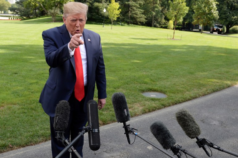 U.S. President Donald Trump speaks to the media before departing the White House en route West Virginia in Washington, U.S., July 24, 2019. REUTERS/Mary F. Calvert TPX IMAGES OF THE DAY