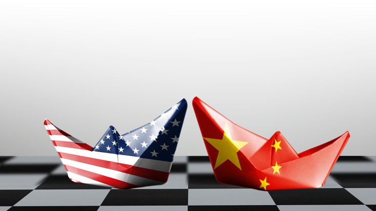 USA flag and China flag print screen on ship with white background.It is symbol of tariff trade war tax barrier between United States of America and China.-Image.