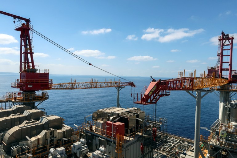 The gas platform for Leviathan, Israel's largest gas field is seen from a helicopter near Haifa bay, northern Israel, August 1, 2023. REUTERS/Ari Rabinovitch