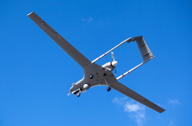 A Bayraktar TB2 drone flies at Gecitkale military airbase near Famagusta in the self-proclaimed Turkish Republic of Northern Cyprus (TRNC) on December 16, 2019 [Birol Bebak/AFP]