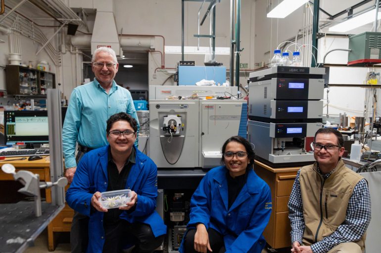 Liam McEvoy (bottom left) enlisted the help of Evan Williams, a professor of chemistry (left), Veena Avadhani, a Ph.D. candidate in chemistry (center), and Anthony Iavarone, a project scientist (right). The group is using these liquid chromatography and mass spectrometry to better understand the potentially psychoactive components of the plants.Diego Moran/UC Berkeley