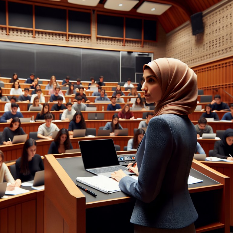 A professor of economics lecturing in a lecture hall that is at York University in Toronto.