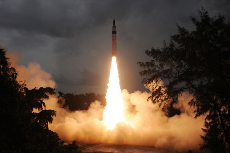 India today successfully test fired for the second time it's long range nuclear capable Agni-5 missile that has a range of over 5000 kilometres. India now joins the select club of nations like United States, UK, Russia, France and China that have the capability to operate a missiles across continents, striking at will in Europe, Asia and Africa. The missile can carry a 1000 kg nuclear warhead and has three rocket motors and was launched from Wheeler Island in India. (Photo by Pallava Bagla/Corbis via Getty Images)
