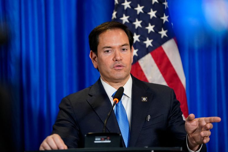 U.S. Secretary of State Marco Rubio attends a press conference with Suriname's President Chan Santokh (not pictured), in Paramaribo, Suriname, March 27, 2025. REUTERS/Nathan Howard/Pool