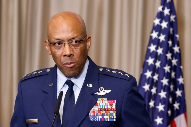 U.S. Air Force General Charles Q. Brown Jr., chairman of the Joint Chiefs of Staff, and U.S. Defense Secretary Lloyd Austin (not pictured) attend a press conference at the Ukraine Defence Contact Group meeting at Ramstein Air Base in Germany, September 6, 2024. REUTERS/Heiko Becker