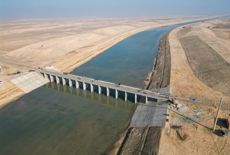 An aerial view of Qosh Tepa Canal, the largest artificial river in the Asia located in Afghanistan.
