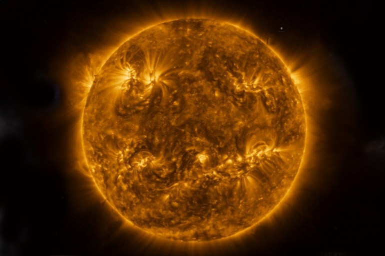 FILE PHOTO: The sun as seen by the Solar Orbiter spacecraft in extreme ultraviolet light in this mosaic of 25 individual images taken on March 7, 2023, by the high resolution telescope of the Extreme Ultraviolet Imager (EUI) instrument. ESA & NASA/Solar Orbiter/EUI team/Handout via REUTERS THIS IMAGE HAS BEEN SUPPLIED BY A THIRD PARTY/File Photo