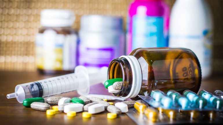 Drug prescription for treatment medication. Pharmaceutical medicament, cure in container for health. ...
