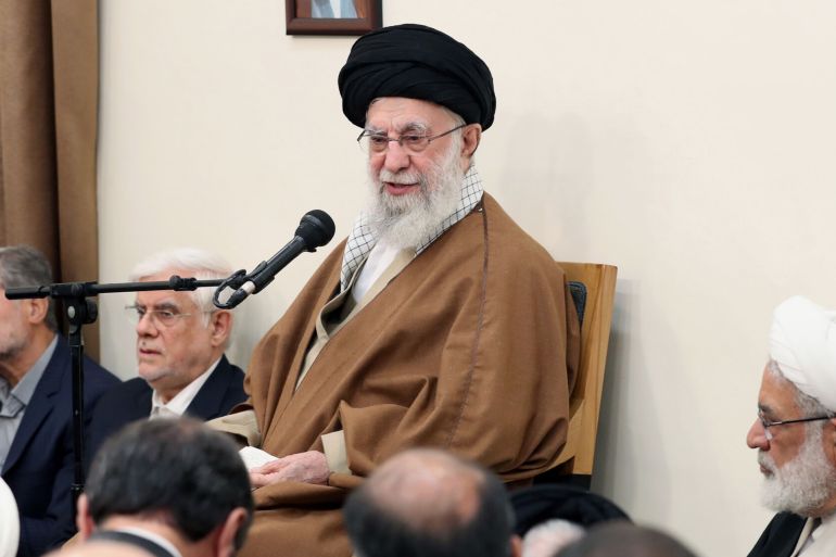 IRANIAN LEADER PRESS OFFICE / HANDOUT" - NO MARKETING NO ADVERTISING CAMPAIGNS - DISTRIBUTED AS A SERVICE TO CLIENTS----) Iran's Supreme Leader Ayatollah Ali Khamenei holds a meeting with senior officials at his residence in Tehran, Iran on April 15, 2025.