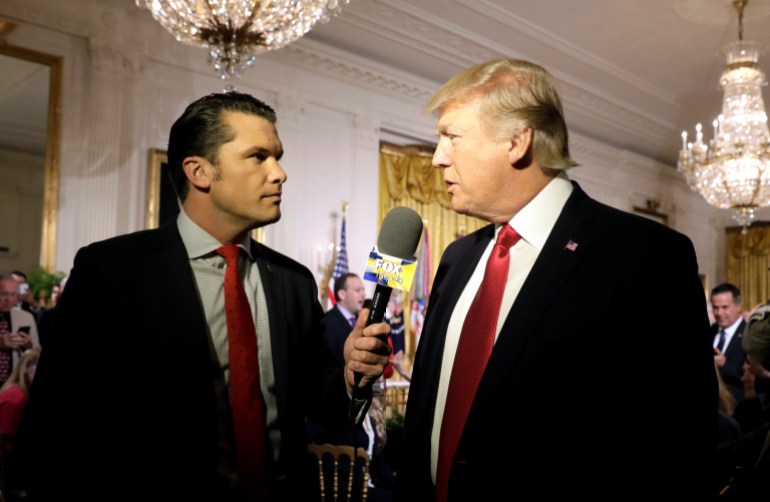 U.S. President Donald Trump is interviewed by Fox and Friends co-host Pete Hegseth at the White House in Washington, U.S. April 6, 2017. REUTERS/Kevin Lamarque
