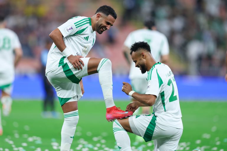 JEDDAH, SAUDI ARABIA - APRIL 26: Riyad Mahrez of Al Ahli celebrates with teammates after scoring the team's first goal during the AFC Champions League Elite - Quarter Final match between Al Ahli and Buriram at King Abdullah Sports City Hall Stadium on April 26, 2025 in Jeddah, Saudi Arabia. (Photo by Yasser Bakhsh/Getty Images)