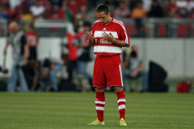 STUTTGART, GERMANY - JULY 25: Franck Ribery of Munich prays prior to the Premiere Liga Cup Semi-final match between VfB Stuttgart and FC Bayern Munich at the Gottlieb Daimler stadium on July 25, 2007 in Stuttgart, Germany. (Photo by Lars Baron/Bongarts/Getty Images)