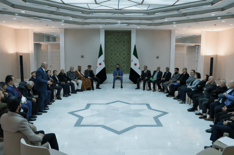 جلسة جمعت رئيس الجمهورية العربية السورية السيد أحمد الشرع مع وفد من محافظة السويداء ضم نخبة من المثقفين والأكاديميين