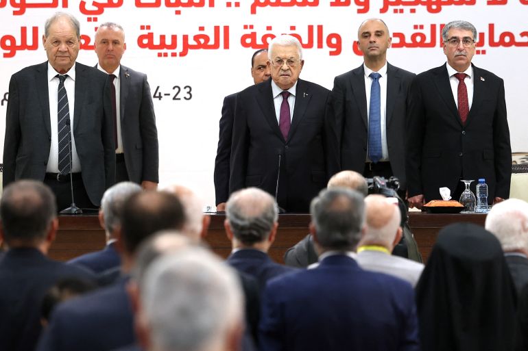 Palestinian Authority President Mahmoud Abbas attends the 32nd Palestinian Liberation Organization (PLO) Central Council session in Ramallah on April 23, 2025. Palestinian president Mahmud Abbas on April 23 urged Hamas to free all hostages in Gaza, saying their captivity provided Israel with "excuses" to attack the territory, as rescuers recovered charred bodies from an Israeli strike. (Photo by Zain JAAFAR / AFP)