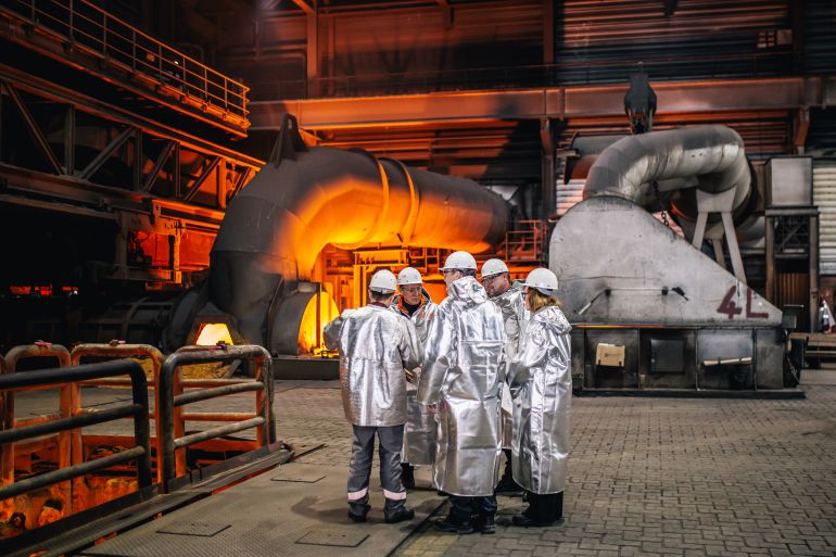 DUISBURG, GERMANY - MARCH 20: Stephane Sejourne, Executive Vice-President of the European Commission and Commissioner for Prosperity and Industrial Strategy, tours the Thyssenkrupp steel mill before presenting the European Steel Action Plan on March 20, 2025 in Duisburg, Germany. The plan is an effort by the European Union to restore competitiveness to the European steel sector, which has been hobbled by high energy costs and faces stiff competition from abroad, particularly in Asia. The recent introduction of tariffs by the administration of U.S. President Donald Trump on steel and aluminum imports is a further setback. (Photo by Hesham Elsherif/Getty Images)