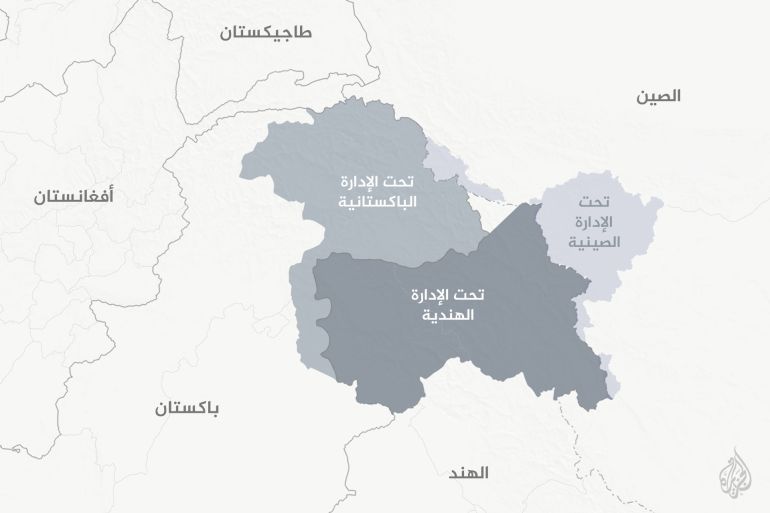 تصميم خاص - خريطة تبين تقاسم السيطرة على إقليم كشمير بين باكستان والهند والصين