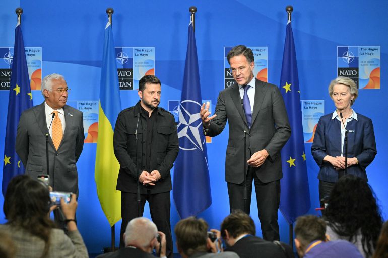 European Council President Antonio Costa (L), Ukraine's President Volodymyr Zelensky, NATO Secretary General Mark Rutte and European Commission President Ursula Von der Leyen address the press during a NATO summit in The Hague on June 24, 2025
