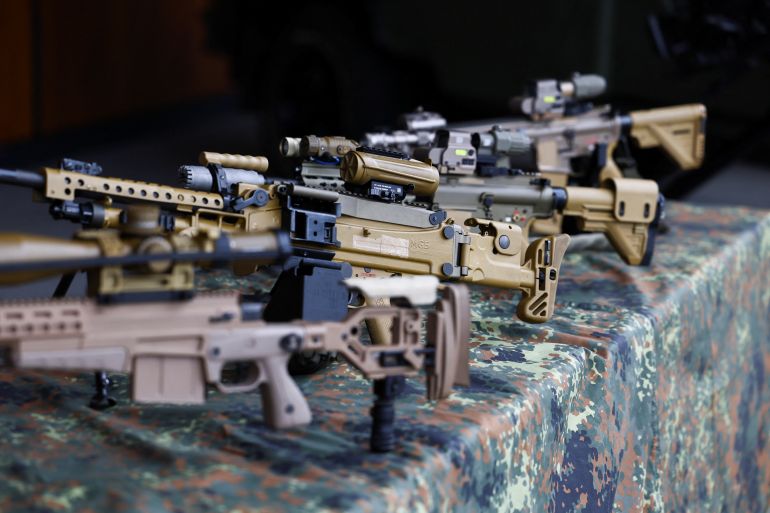 Weapons used by members of Germany's special forces command Kommando Spezialkraefte (KSK) of the German army Bundeswehr are displayed, in Calw, Germany, March 5, 2024. REUTERS/Wolfgang Rattay