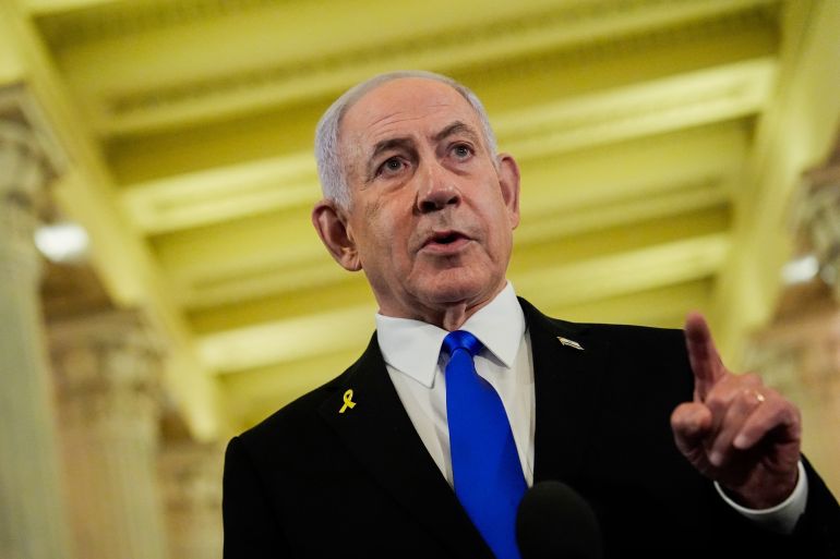 Israeli Prime Minister Benjamin Netanyahu speaks to reporters at the U.S. Capitol following a meeting with House Speaker Mike Johnson, R-La., Tuesday, July 8, 2025, in Washington. (AP Photo/Julia Demaree Nikhinson)