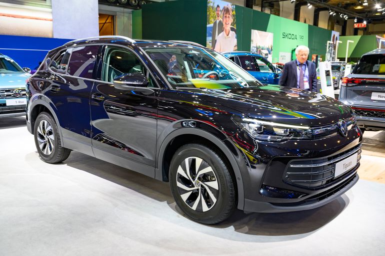 BRUSSELS, BELGIUM - JANUARY 10: Volkswagen Tiguan crossover SUV on display at the AutoSalon on January 10, 2025 in Brussels, Belgium. (Photo by Sjoerd van der Wal/Getty Images)
