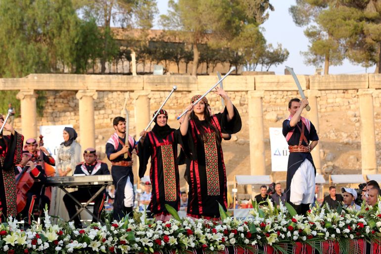 JERASH, JORDAN - JULY 20: Dancers perform during the opening ceremony of 32th Jerash Festival of Culture and Arts in Jerash, Jordan on July 20, 2017. (Photo by Salah Malkawi/Anadolu Agency/Getty Images)