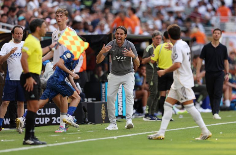 MIAMI GARDENS, FLORIDA - JUNE 18: Simone Inzaghi, Head Coach of Al Hilal, reacts during the FIFA Club World Cup 2025 group H match between Real Madrid CF and Al Hilal at Hard Rock Stadium on June 18, 2025 in Miami Gardens, Florida. Megan Briggs/Getty Images/AFP (Photo by Megan Briggs / GETTY IMAGES NORTH AMERICA / Getty Images via AFP)