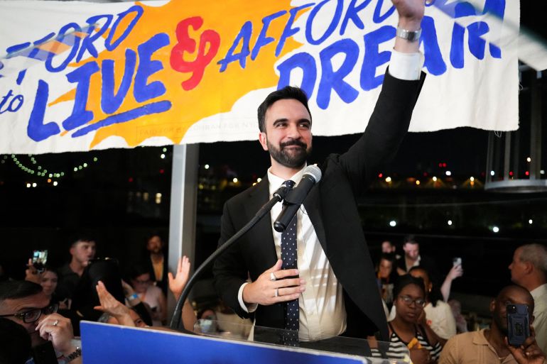 Zohran Mamdani gestures as he speaks during a watch party for his primary election, which includes his bid to become the Democratic candidate for New York City mayor in the upcoming November 2025 election, in New York City, U.S., June 25, 2025. REUTERS/David 'Dee' Delgado